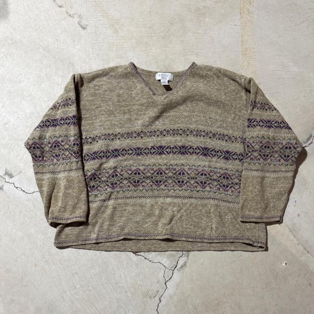 Casual Corner Taupe V-Neck Sweater with Purple Fair Isle Bands
